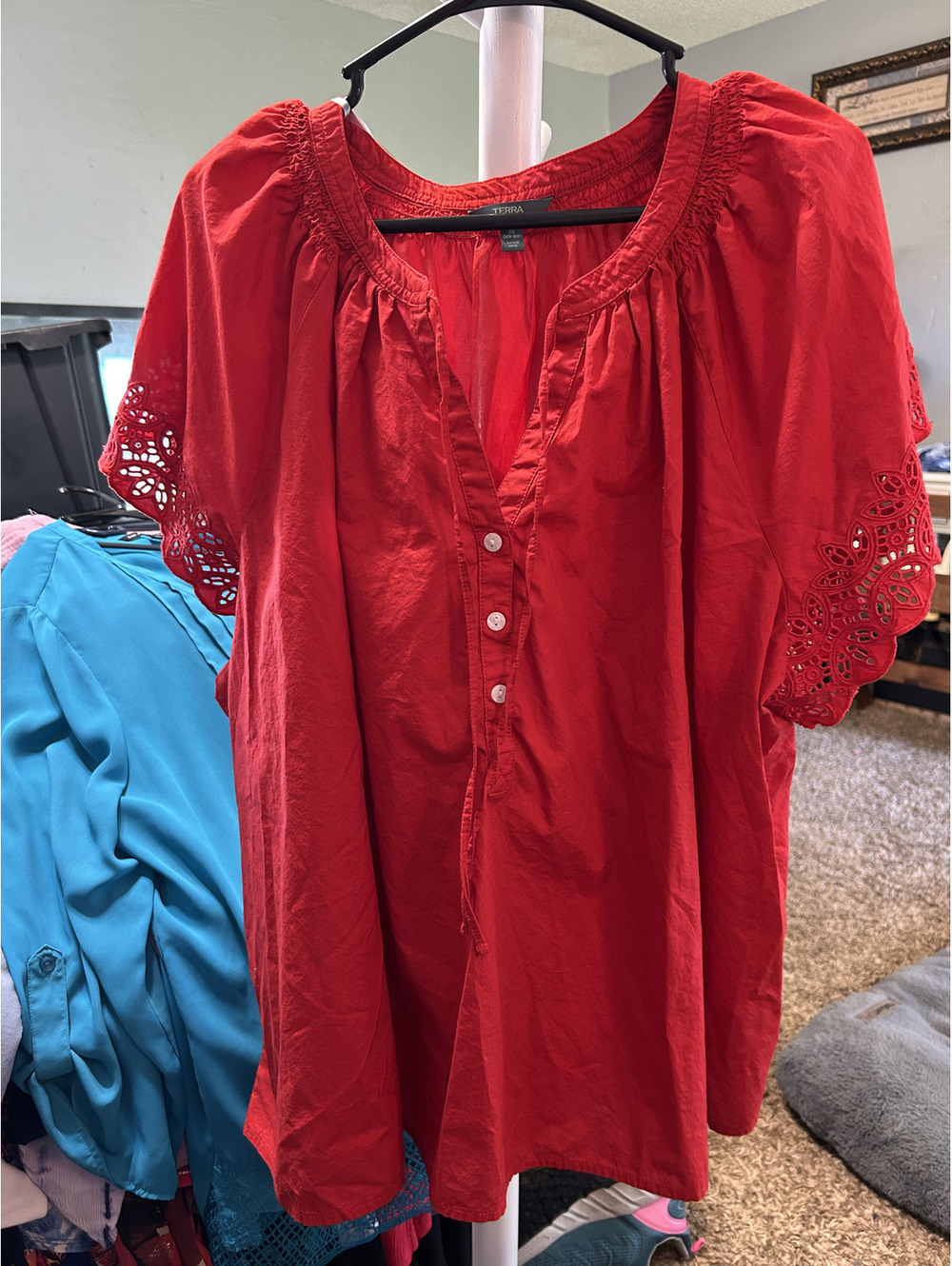 Terra & Sky 3X Red Cotton Button-Up Blouse with Eyelet Sleeves